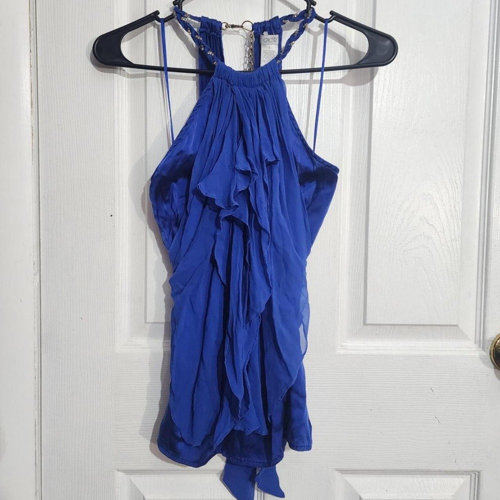 Y2K Blue Silk Ruffle Halter Top